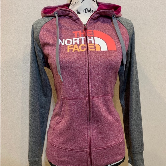 North Face Logo Hoodie Zip Jacket Sweatshirt Athletic Athleisure Top Gray Pink - Picture 3 of 8